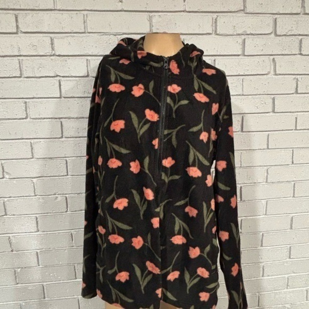 O'Neill Black Pink Floral Tulip Fleece Half Zip Hoodie Gorpcore Cozy Midlayer L